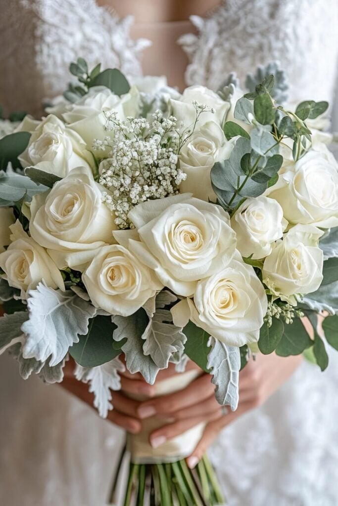 A wedding bouquet featuring white roses with soft baby’s breath and silvery foliage.