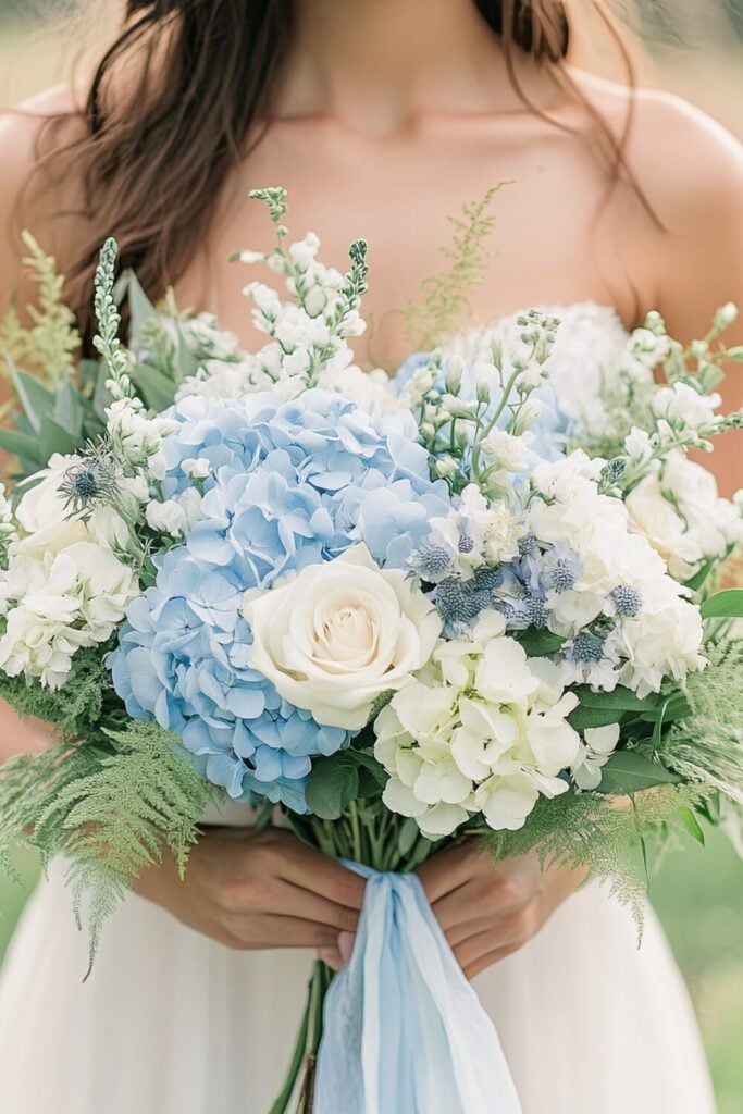 A bridal bouquet featuring airy blue hydrangeas and crisp white roses.