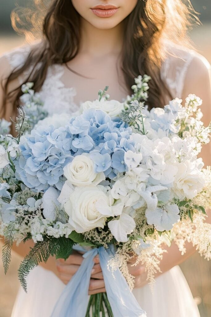 Wedding bouquet featuring fluffy blue hydrangeas, white roses, and textured greenery held by a bride.