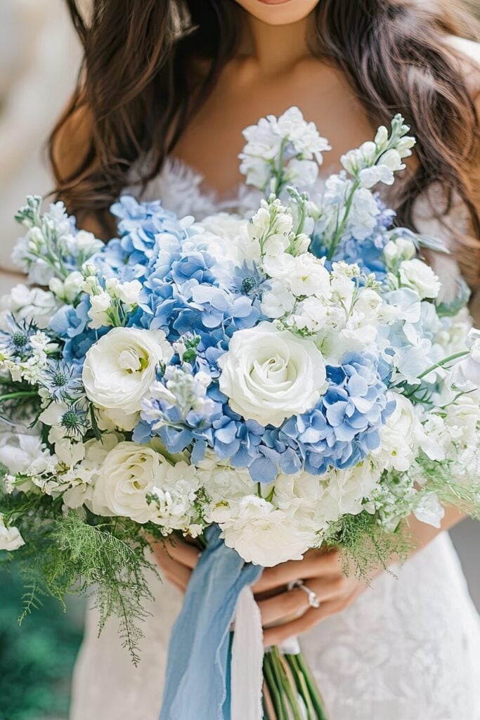 Bridal bouquet featuring blue hydrangeas, white roses, and wildflower accents held by a bride.