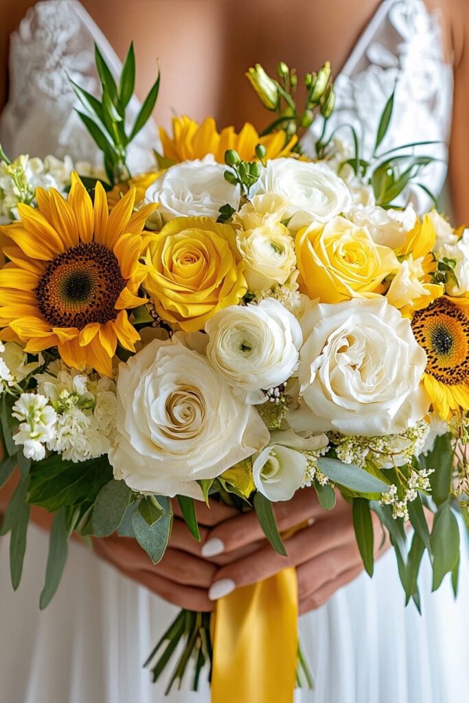 Sunflower and white rose bridal bouquet