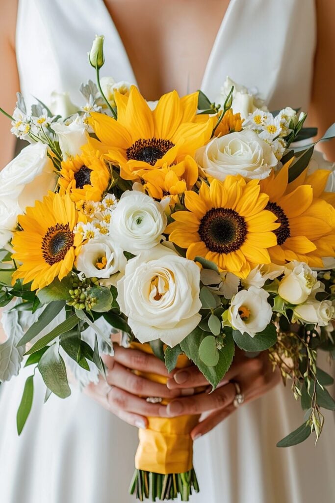 Creamy white rose wedding bouquet with sunflowers