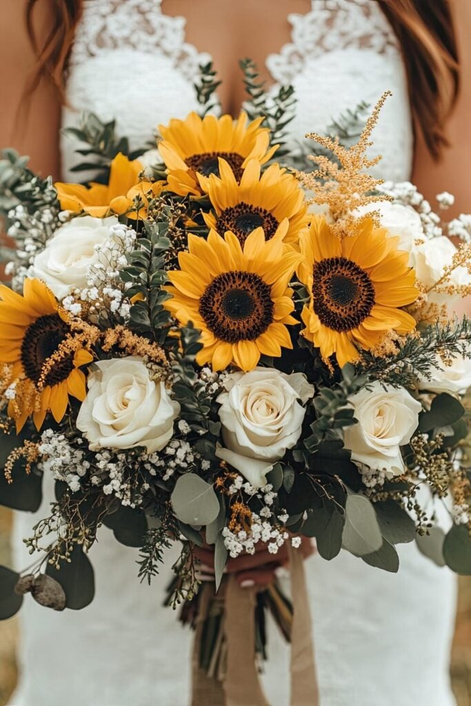 White rose wedding bouquet with bright yellow sunflowers held by a bride