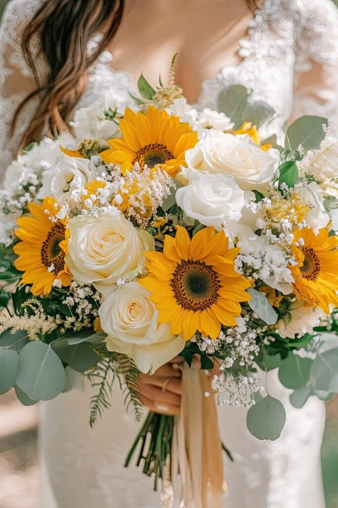 Crispy white rose bridal bouquet with sunflowers held by a bride