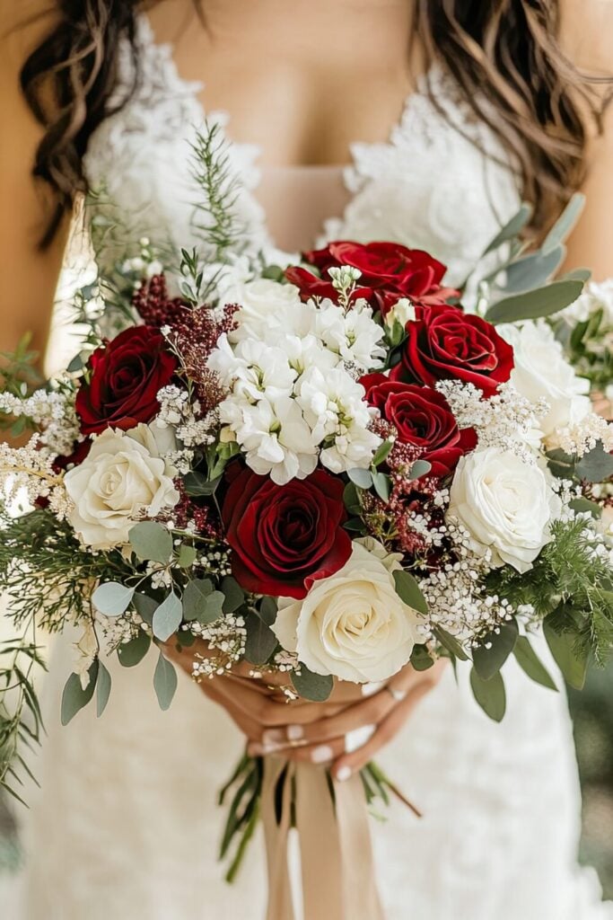 White rose wedding bouquet with red roses