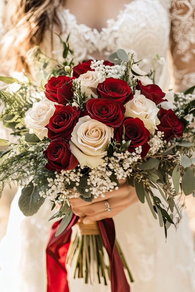 Lush white and red rose wedding bouquet held by a bride