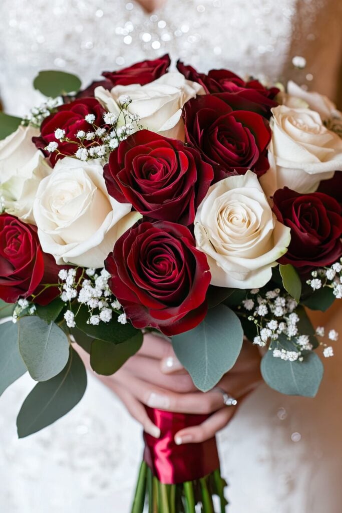 White and velvet red rose wedding bouquet held by a bride