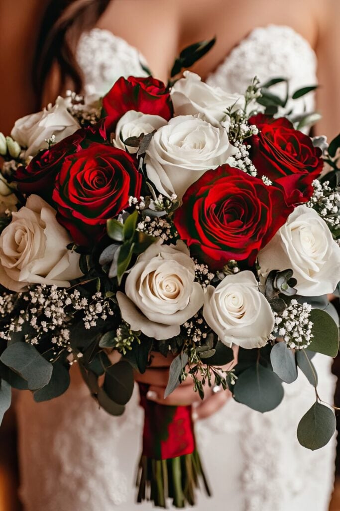 Classical red and white rose wedding bouquet held by a bride