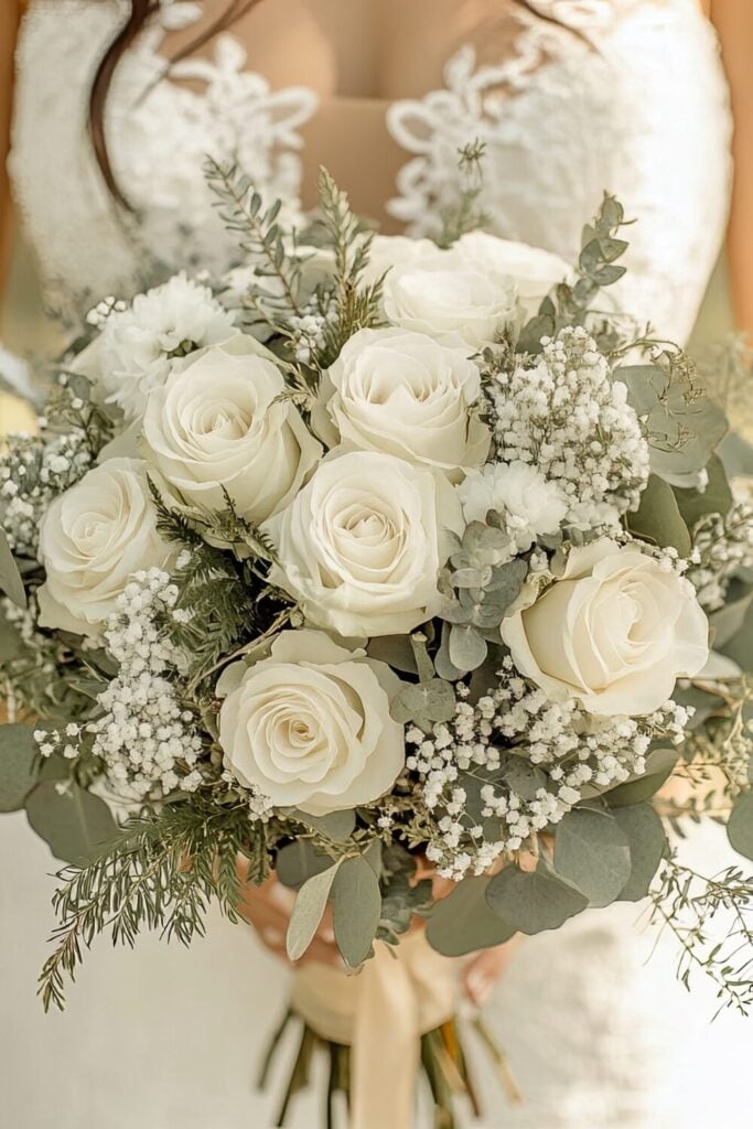 White rose wedding bouquet with green hues and baby's breath flowers