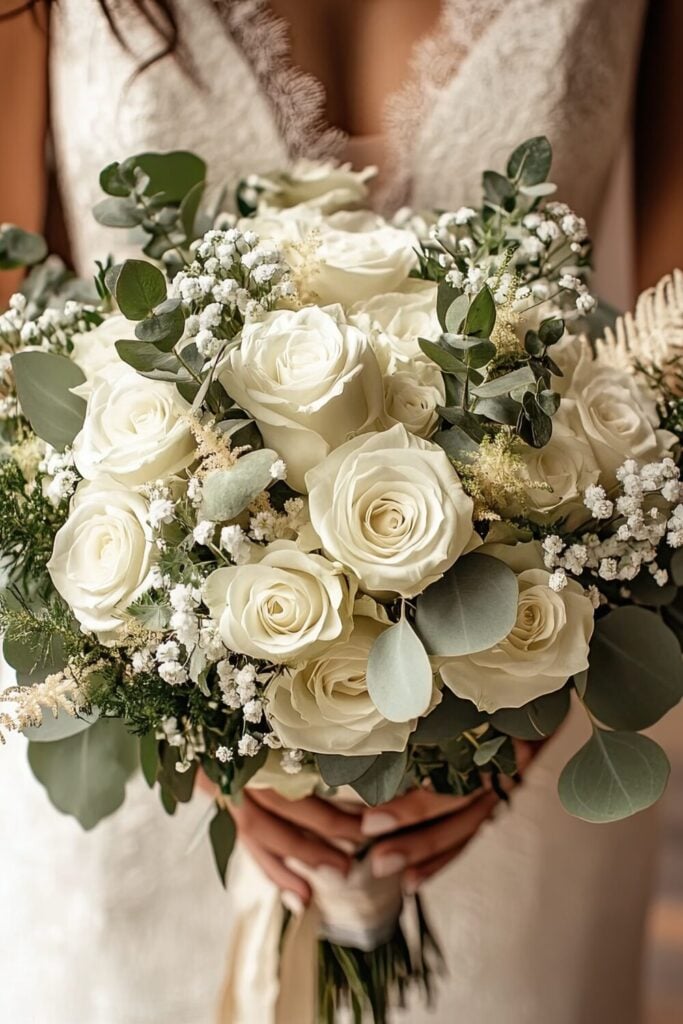 White rose wedding bouquet with eucalyptus and wispy greenery.