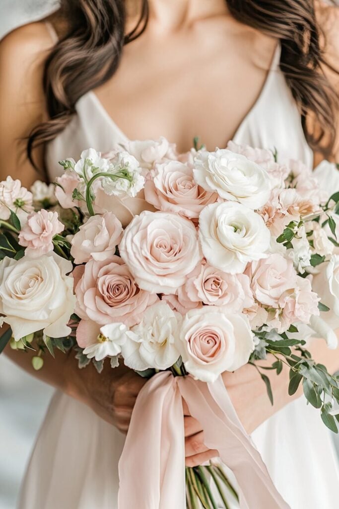 White rose bridal bouquet incorporates soft pinks and creamy whites held by a bride.