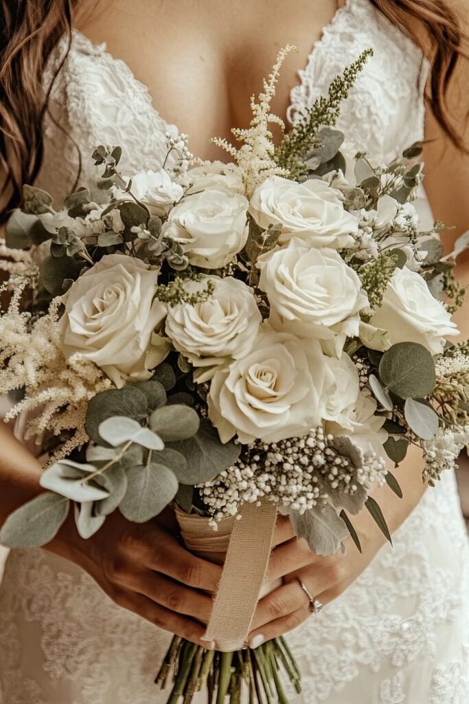 Earthy white rose wedding bouquet with baby's breath.