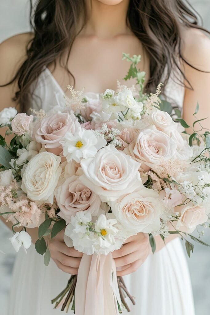 Pastel and white rose themed bridal bouquet.