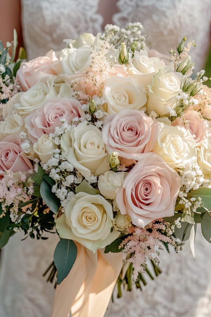 Soft pink and white rose bridal bouquet.