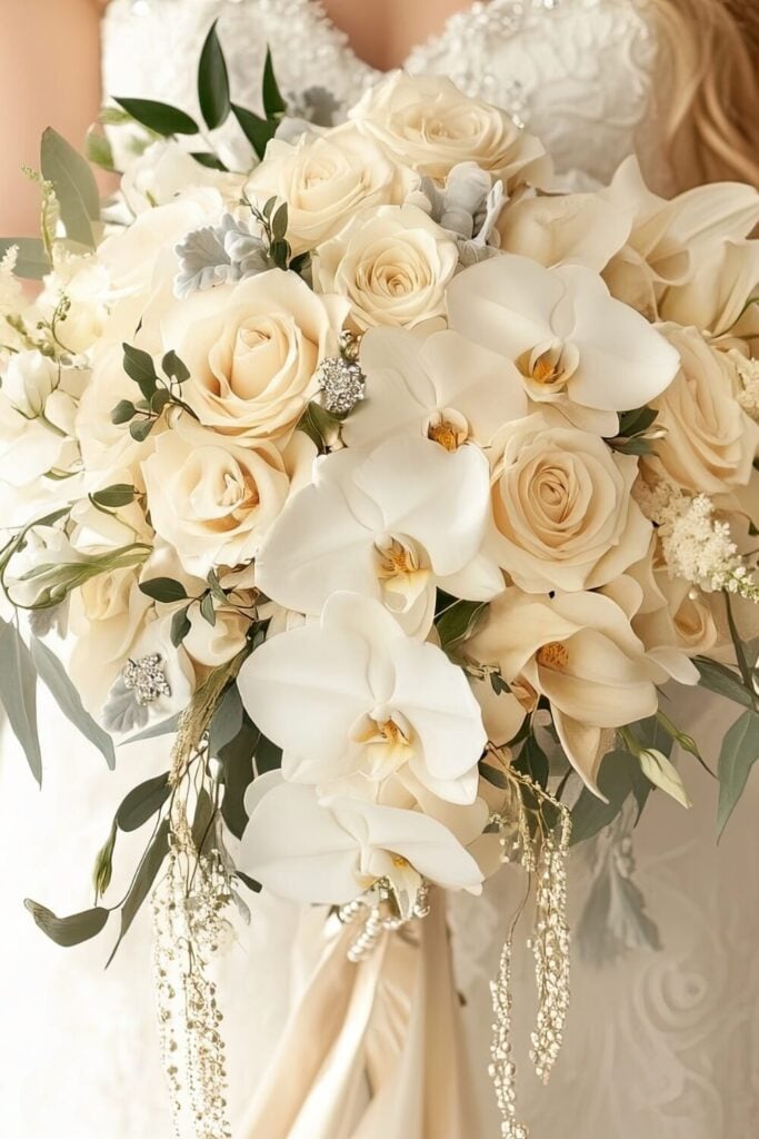 White rose wedding bouquet with cascading white orchids held by a bride.