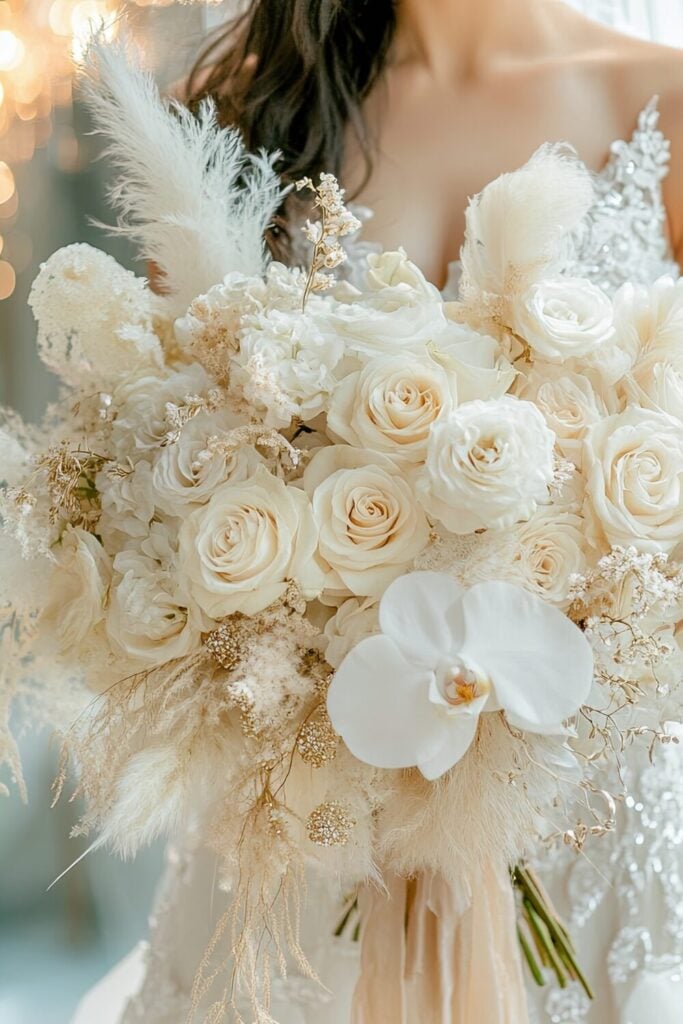 Wedding bouquet featuring white roses with soft pampas grass and shimmering accents.