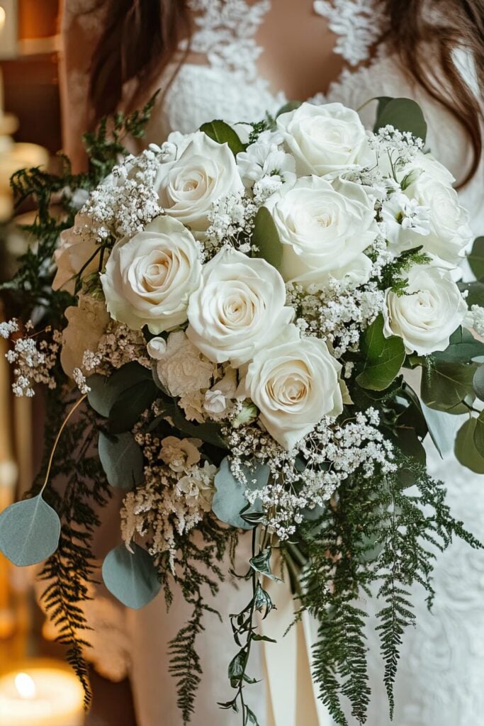 Cascading white rose bridal bouquet