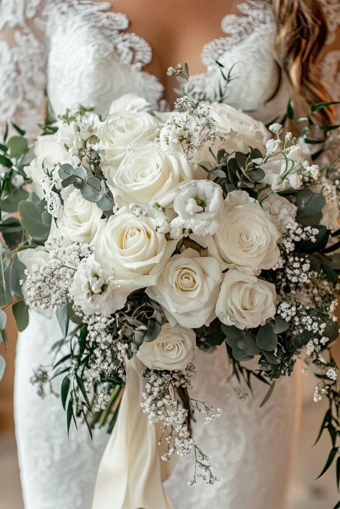Bridal bouquet featuring white roses, lisianthus, and leafy eucalyptus