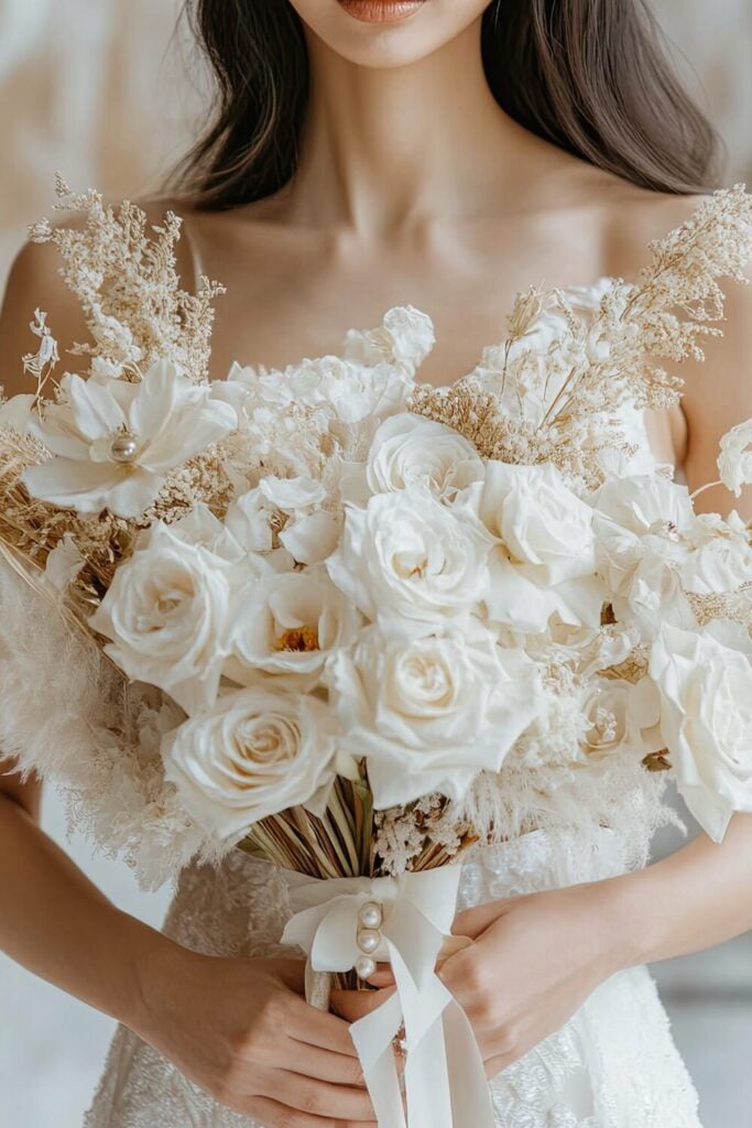 All-white wedding bouquet held by a bride featuring white roses and dried botanicals
