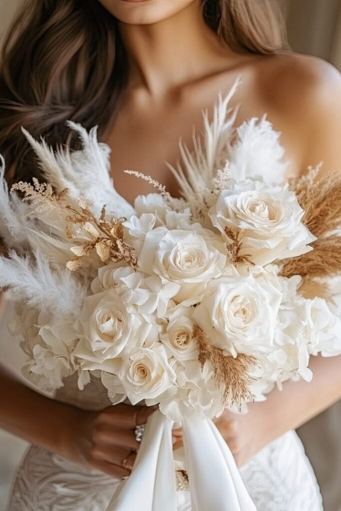 A bridal bouquet featuring white roses with golden dried florals.