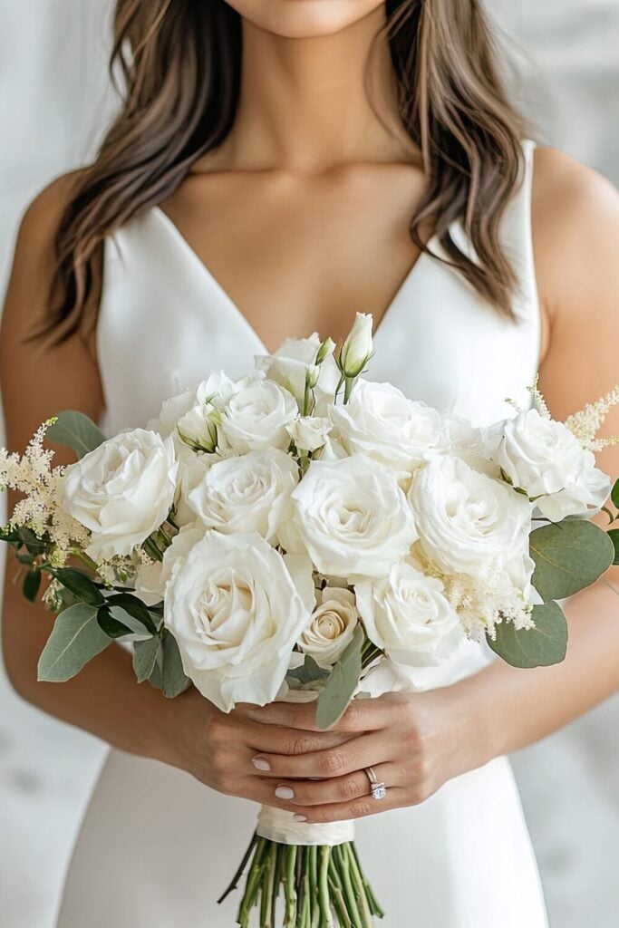 A minimalist white rose wedding bouquet with green accents held by a bride.