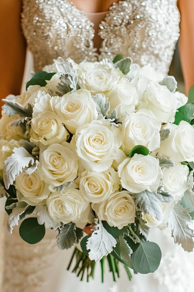 A full-bodied wedding bouquet with white roses and cascading greenery held by a bride.