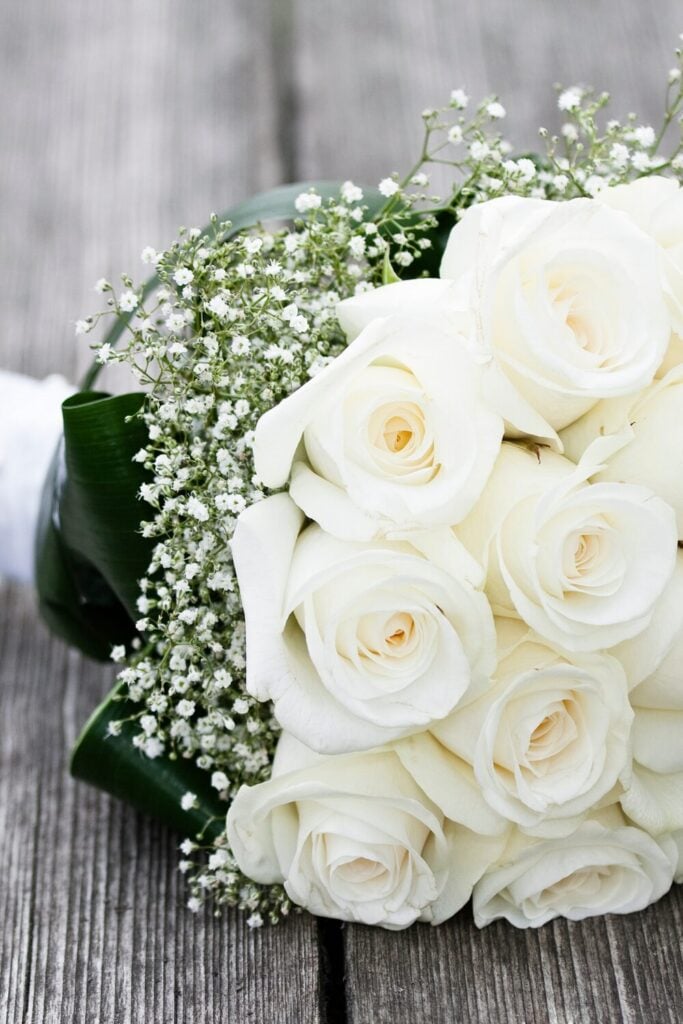 White Roses and Baby’s Breath Wedding Bouquet